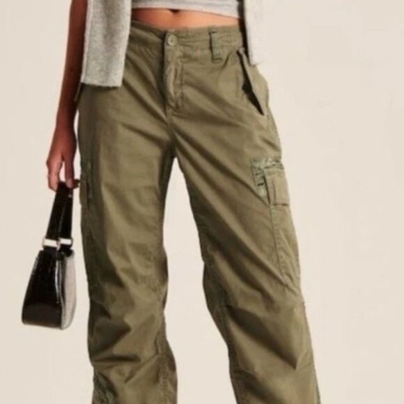 Abercrombie & Fitch Utility Cargo Pants Baggy Y2K Style Olive Satin Accents - Picture 12 of 16